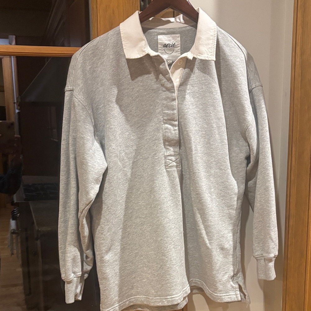 Aerie Light Gray Rugby-Style Long Sleeve Sweater